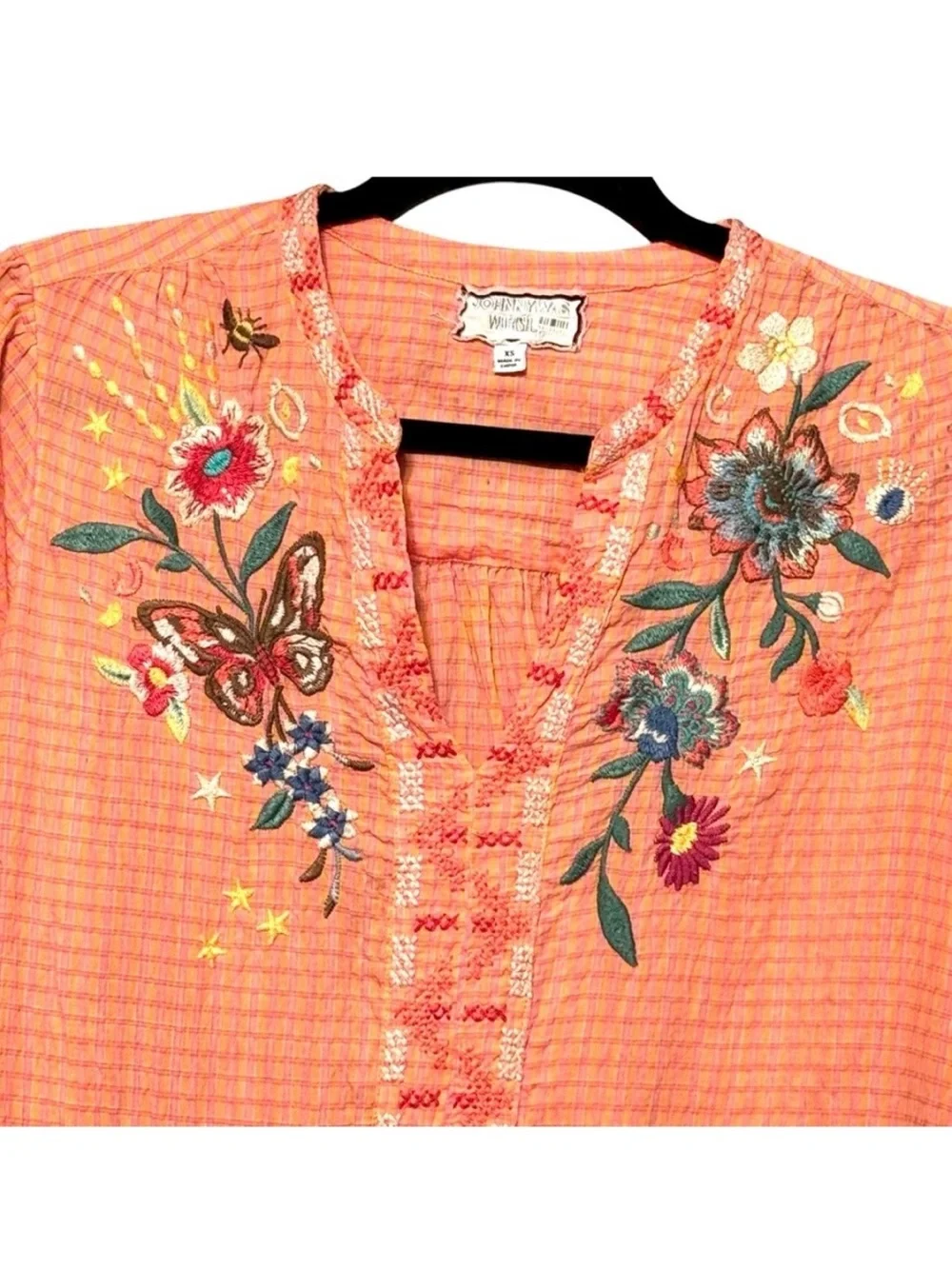 Johnny Was Olinda Puff Sleeve Embroidered Floral V-Neck Top Blouse